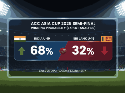 A winning probability graphic for the ind u19 vs sl u19 prediction (ACC Asia Cup 2025 Semi-final), showing India U-19 with a 68% chance of victory against Sri Lanka U-19 at 32%. This expert analysis visual is designed to assist with ind u19 vs sl u19 dream11 prediction, ind u19 vs sl u19 today match prediction, and provides a clear breakdown of the ind u19 vs sl u19 win probability for an accurate ind u19 vs sl u19 match prediction