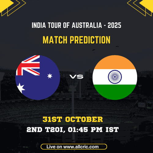 India vs Australia 2nd T20I 2025 match prediction graphic featuring team flags and match details — IND vs AUS today match prediction for 31st October at Melbourne Cricket Ground. Includes timing, venue, and fantasy cricket insights for IND vs AUS match prediction and win probability.