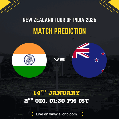 IND vs NZ today match prediction graphic for New Zealand tour of India 2026 2nd ODI showing India vs New Zealand flags with match details, venue, time and fantasy cricket insights.