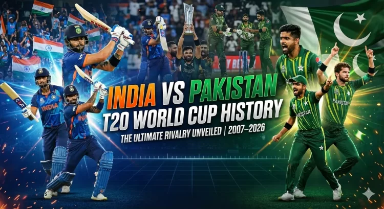 India vs Pakistan T20 World Cup history graphic showing cricket rivalry theme with illustrated players, pitch, and key records ahead of the 15 February 2026 clash in Colombo.