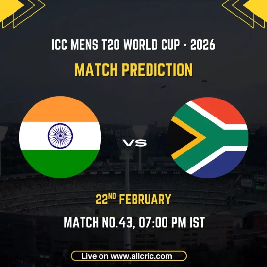 India vs South Africa ICC Men's T20 World Cup 2026 Super 8 Group 1 Match 43 prediction graphic featuring national flags, match details for February 22nd 2026 at 7:00 PM IST at Narendra Modi Stadium Ahmedabad, with Dream11 team analysis and today's match prediction