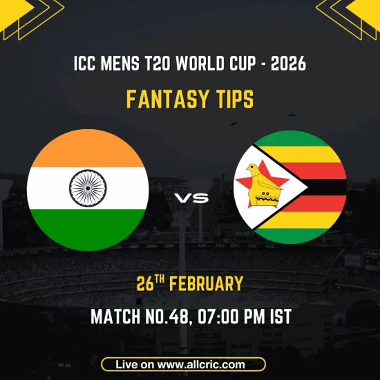 India vs Zimbabwe ICC Men's T20 World Cup 2026 Super 8 Group 1 Match 48 fantasy tips graphic featuring national flags, match details for February 26th 2026 at 7:00 PM IST at MA Chidambaram Stadium Chennai, with Dream11 team suggestions and fantasy cricket tips
