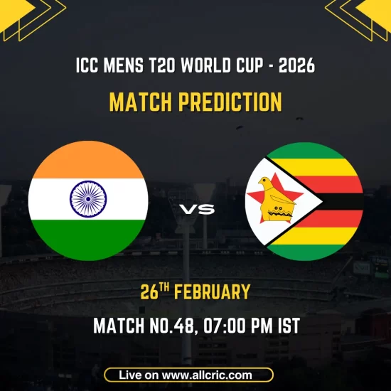 India vs Zimbabwe ICC Men's T20 World Cup 2026 Super 8 Group 1 Match 48 prediction graphic featuring national flags, match details for February 26th 2026 at 7:00 PM IST at MA Chidambaram Stadium Chennai, with Dream11 team analysis and today's match prediction