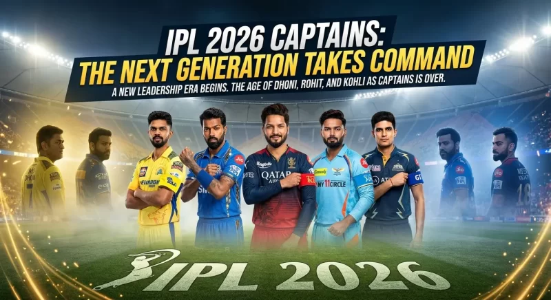 IPL 2026 captains list featuring Shubman Gill, Rishabh Pant, Hardik Pandya, Ruturaj Gaikwad, and Rajat Patidar highlighting new-generation leadership replacing Dhoni, Rohit, and Kohli