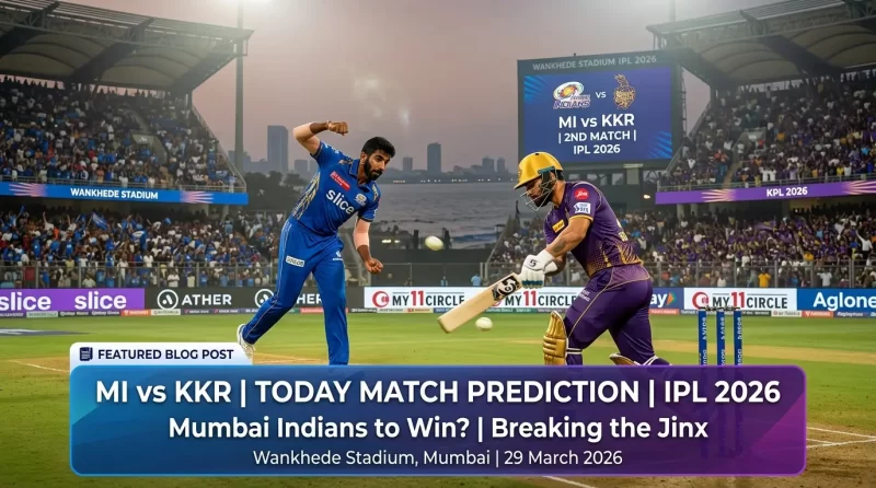 MI vs KKR IPL 2026 match prediction featured blog post image set at Wankhede Stadium, Mumbai. A bowler representing Jasprit Bumrah in a Mumbai Indians blue jersey delivers to a KKR batsman in a gold helmet and purple jersey at the crease, with the Arabian Sea skyline visible beyond the packed stadium. The Wankhede Stadium scoreboard displays "MI vs KKR | 2nd Match | IPL 2026" with both team logos. A caption bar at the bottom reads: "MI vs KKR | Today Match Prediction | IPL 2026 — Mumbai Indians to Win? | Breaking the Jinx — Wankhede Stadium, Mumbai | 29 March 2026.