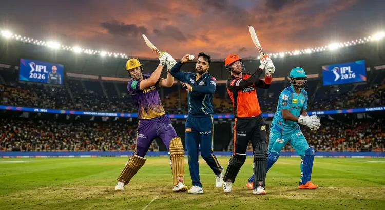 IPL 2026 composite image at Narendra Modi Stadium featuring four overseas players from different franchises: a KKR batter (purple kit) driving, GT's Rashid Khan (navy kit) in bowling action, an SRH batter (orange kit) playing a pull shot, and an LSG wicketkeeper (teal kit) in position, with IPL 2026 branding on the stadium screens.