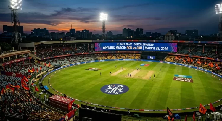 Aerial twilight view of M. Chinnaswamy Stadium, Bengaluru, under floodlights with the IPL 2026 logo at the center of the pitch and the stadium scoreboard displaying "IPL 2026: Phase 1 Schedule Unveiled — Opening Match: RCB vs SRH | March 28, 2026," with RCB fans waving orange flags in the stands and a "Welcome Back, Bengaluru" message visible on the boundary board.