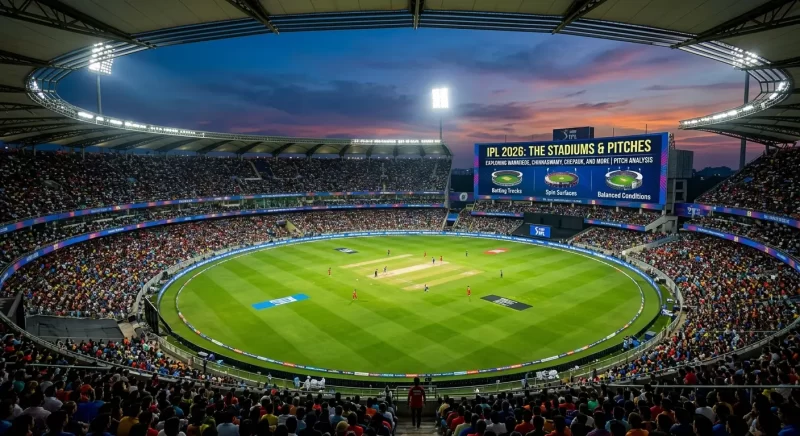 Aerial panoramic view of a packed IPL 2026 stadium under floodlights at dusk, with a large scoreboard displaying "IPL 2026: The Stadiums & Pitches — Exploring Wankhede, Chinnaswamy, Chepauk, and More | Pitch Analysis" alongside three pitch category icons: Batting Tracks, Spin Surfaces, and Balanced Conditions.
