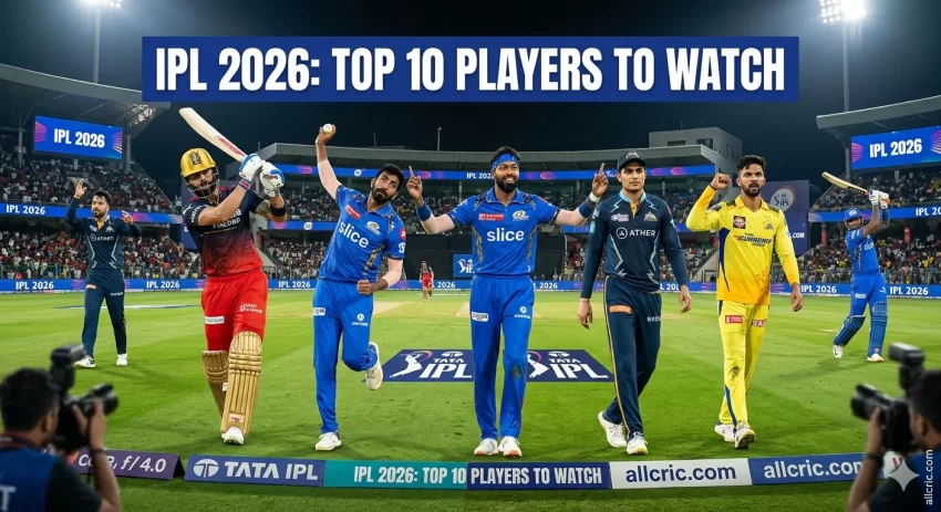 IPL 2026 top players graphic showing Kohli, Bumrah, Gill, Rashid Khan, Cameron Green and other stars standing on a cricket field under floodlights.