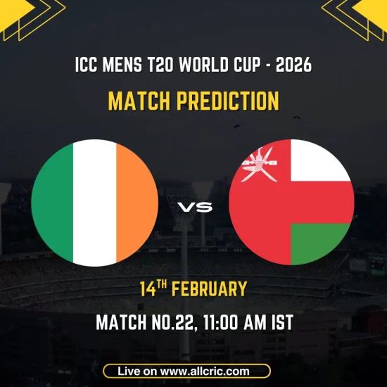 Ireland vs Oman ICC Men's T20 World Cup 2026 Group B Match 22 prediction graphic featuring national flags, match details for February 14th 2026 at 11:00 AM IST at Sinhalese Sports Club Ground Colombo, with Dream11 team analysis and today's match prediction