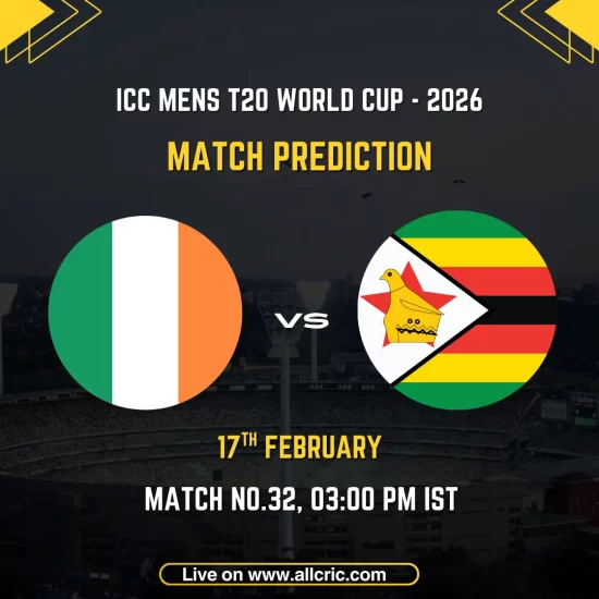 Ireland vs Zimbabwe ICC Men's T20 World Cup 2026 Group B Match 32 prediction graphic featuring national flags, match details for February 17th 2026 at 3:00 PM IST at Pallekele International Cricket Stadium, with Dream11 team analysis and today's match prediction