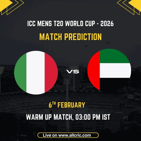 Italy vs UAE Dream11 prediction for ICC Men’s T20 World Cup 2026 warm-up match at MA Chidambaram Stadium, Chennai, featuring Italy and United Arab Emirates team flags with match details.