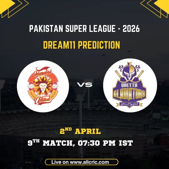 PSL 2026 Dream11 prediction match card for Islamabad United vs Quetta Gladiators, 9th Match. The Islamabad United orange lion crest with "United We Win" banner and Quetta Gladiators purple gladiator helmet with crossed bats displayed in circular frames on either side of a "VS" marker against a dark stadium backdrop. Match details read: 9th Match, 2nd April, 07:30 PM IST. Website URL allcric.com shown at the bottom.