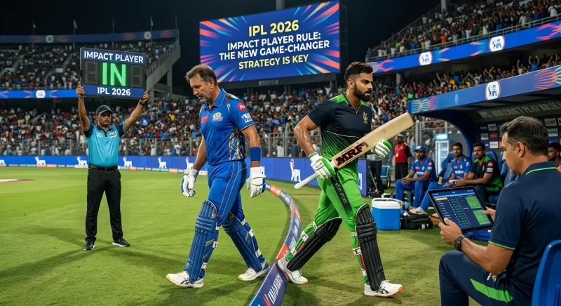 IPL 2026 Impact Player Rule explainer image at a floodlit stadium. An umpire holds up an "Impact Player IN — IPL 2026" substitution board on the left. A player representing a Mumbai Indians batter in blue jersey walks off as a player representing a Virat Kohli-style RCB batter in green kit with an MRF bat walks onto the field. The stadium scoreboard reads "IPL 2026 Impact Player Rule: The New Game-Changer — Strategy is Key." A team analyst monitors match data on a laptop in the dugout on the right.