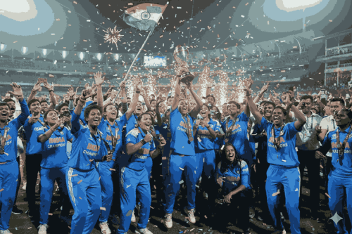 India Women’s Cricket Team celebrates winning the ICC Women’s World Cup 2025, lifting the trophy with fireworks and the national flag in the background at DY Patil Stadium, Navi Mumbai. The image captures the historic moment of the India women's cricket team win World Cup, marking their first-ever India women's cricket team ODI win World Cup and celebrating the triumph in the women's cricket world cup India victory.