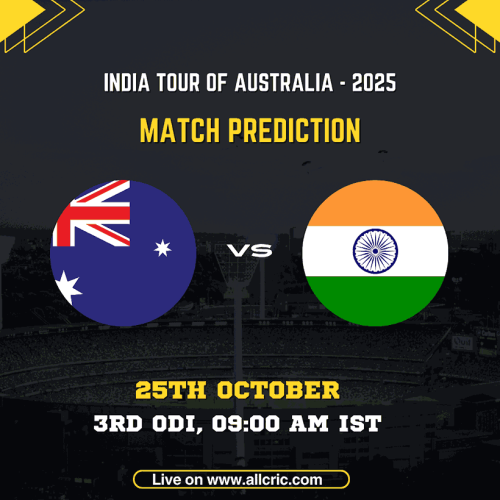 India vs Australia 3rd ODI 2025 Match Prediction graphic featuring national flags, match date 25th October and timing 09:00 AM IST for SCG in the India Tour of Australia 2025.