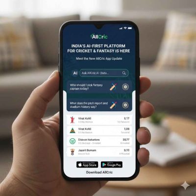 A hand holding a smartphone displaying the AllCric app interface, showcasing India’s AI-first platform for cricket and fantasy predictions with the Ask AllCric AI (Beta) feature.