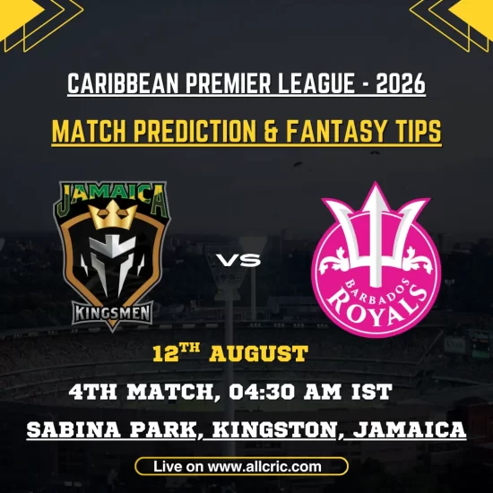 JK vs BT Dream11 prediction today match graphic featuring Jamaica Kingsmen vs Barbados Tridents for CPL 2026 Match 4 at Sabina Park, Kingston, with match prediction and fantasy tips.