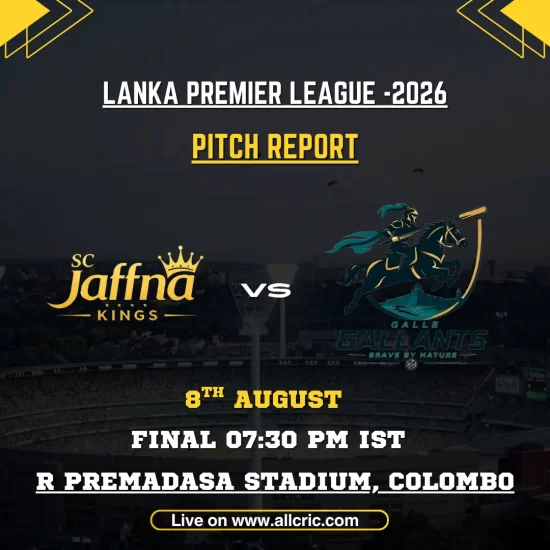 JK vs GG pitch report today graphic for the LPL 2026 Final at R. Premadasa Stadium, Colombo, featuring Jaffna Kings vs Galle Gallants.