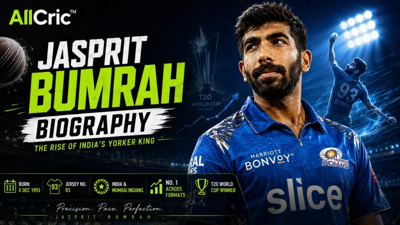 Jasprit Bumrah biography graphic featuring the Indian fast bowler in a Mumbai Indians jersey, with bowling action imagery, jersey number 93, and highlights of his No. 1 rankings and T20 World Cup success.