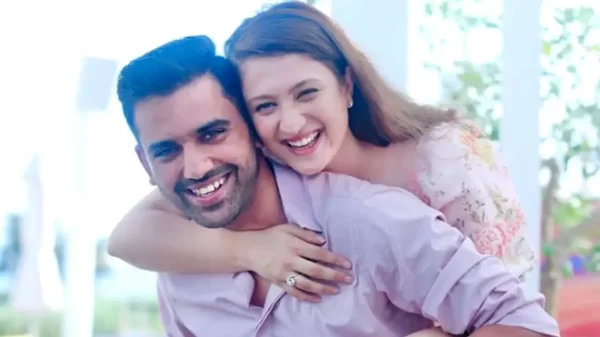 Deepak Chahar and wife Jaya Bhardwaj smiling together, highlighting their partnership and involvement in business ventures such as Trade Fantasy Game.