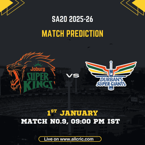 Joburg Super Kings vs Durban’s Super Giants match prediction graphic for SA20 2025-26 Match 9 at The Wanderers Stadium, featuring JSK vs DSG match prediction, JSK vs DSG Dream11 prediction, and Dream11 team today