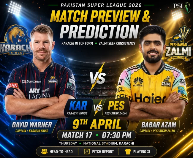 KAR vs PES Dream11 prediction IPL PSL 2026 Match 17 Karachi Kings vs Peshawar Zalmi featuring David Warner and Babar Azam at National Stadium Karachi