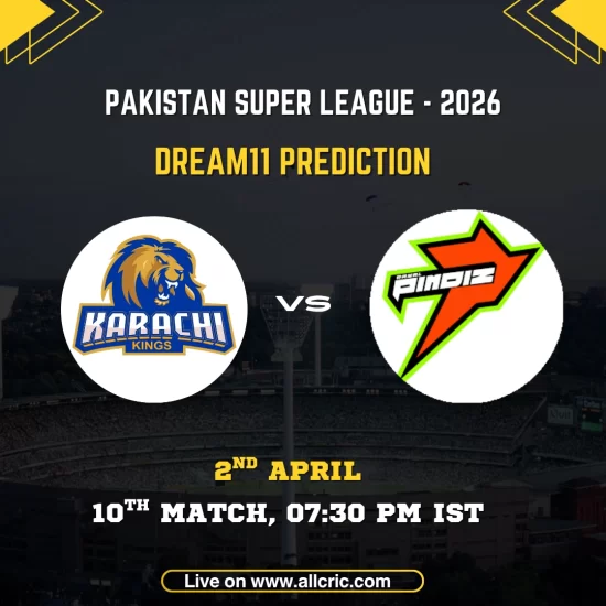 PSL 2026 Dream11 prediction match card for Karachi Kings vs Rawalpindi Pindiz, 10th Match. The Karachi Kings blue and gold lion crest and Rawalpindi Pindiz green and orange lightning bolt logo displayed in circular frames on either side of a "VS" marker against a dark stadium backdrop. Match details read: 10th Match, 2nd April, 07:30 PM IST. Website URL allcric.com shown at the bottom.