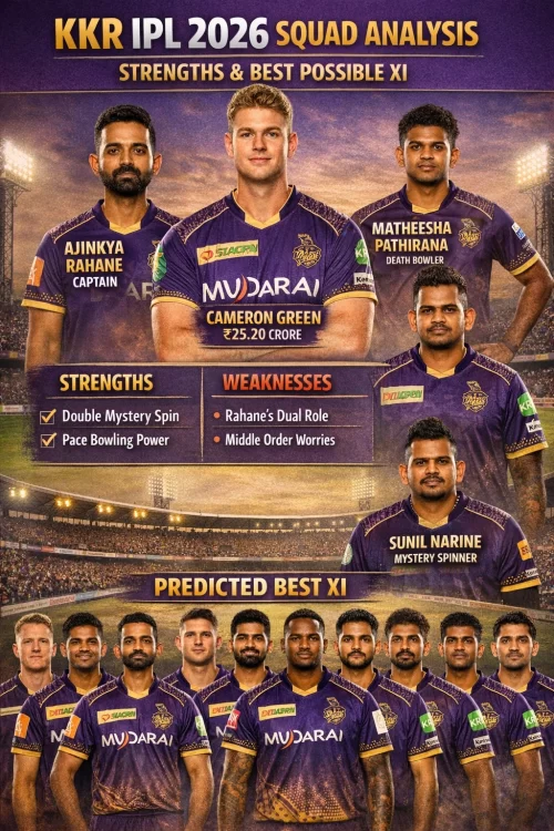 KKR IPL 2026 squad analysis with Ajinkya Rahane, Cameron Green, Sunil Narine, strengths, weaknesses and predicted playing XIKKR IPL 2026 squad analysis with Ajinkya Rahane, Cameron Green, Sunil Narine, strengths, weaknesses and predicted playing XI