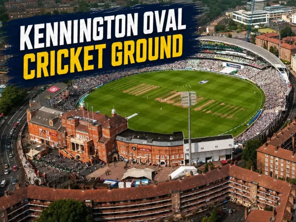 Aerial view of Kennington Oval cricket ground in London, showing the green playing field, central pitch, packed stands, surrounding buildings, and large “Kennington Oval Cricket Ground” text.