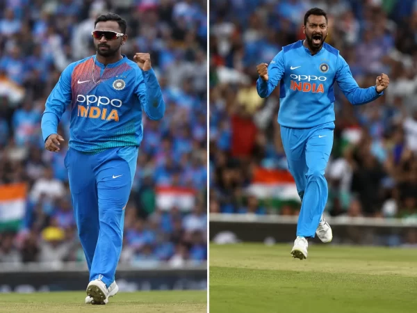 Krunal Pandya celebrating in India cricket jersey during his international white-ball career.
