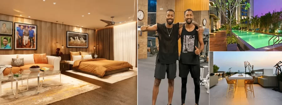 Krunal Pandya house and lifestyle collage featuring luxury interiors, gym area, swimming pool and rooftop space.