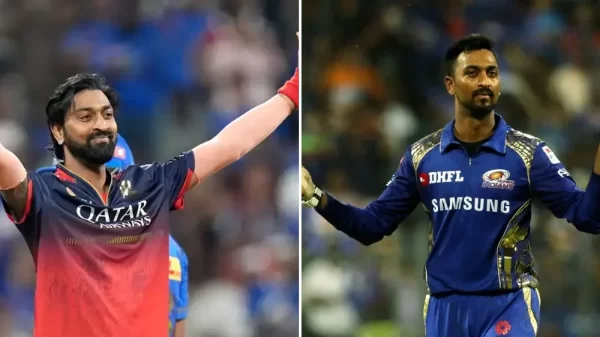 Krunal Pandya in Royal Challengers Bengaluru and Mumbai Indians jerseys representing his IPL salary and career journey.