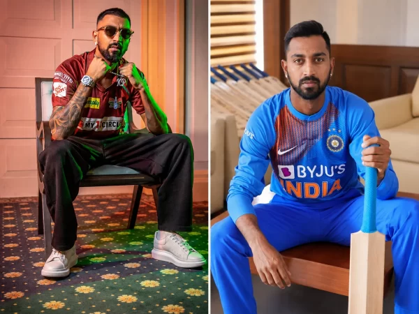 Krunal Pandya in casual attire and India cricket training kit, highlighting his career, lifestyle and net worth journey.