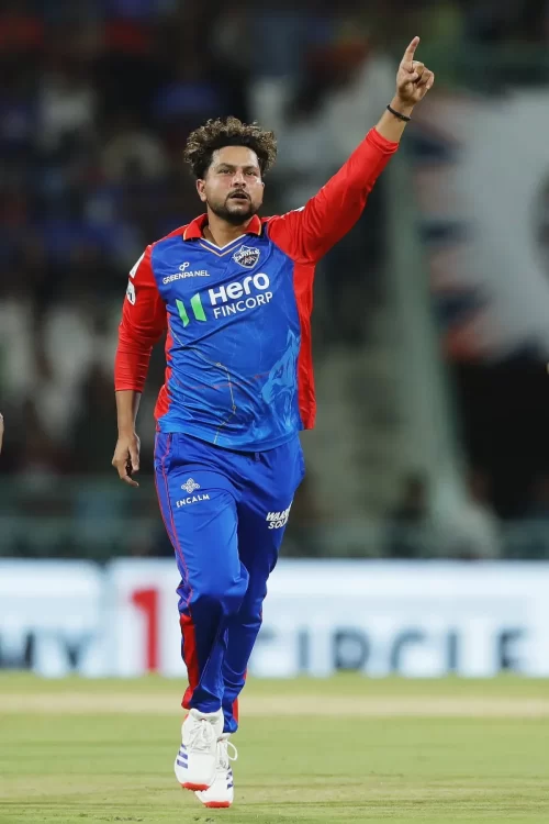 Delhi Capitals spinner celebrating on the field, representing Kuldeep Yadav’s ₹13.25 crore IPL salary and career revival.