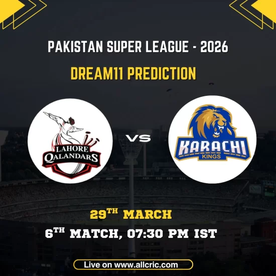 Pakistan Super League 2026 Dream11 prediction match card for Lahore Qalandars vs Karachi Kings. The graphic displays the Lahore Qalandars bowler silhouette logo and Karachi Kings golden lion crest in circular frames on either side of a "VS" marker, set against a dark stadium backdrop. Match details read: 6th Match, 29th March, 07:30 PM IST. Website URL allcric.com is shown at the bottom.