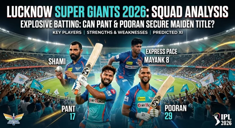 Lucknow Super Giants IPL 2026 squad analysis featuring Rishabh Pant, Nicholas Pooran, Mohammed Shami, and Mayank Yadav highlighting explosive batting and pace attack strengths
