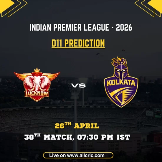 LSG vs KKR Dream11 prediction today match IPL 2026 graphic showing Lucknow Super Giants vs Kolkata Knight Riders with match date April 26 and fantasy team prediction details