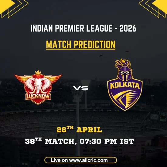 LSG vs KKR today match prediction IPL 2026 poster featuring Lucknow Super Giants vs Kolkata Knight Riders with match date April 26 and win prediction details