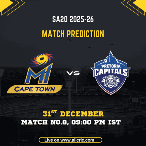 MI Cape Town vs Pretoria Capitals match prediction graphic for SA20 2025-26 Match 8 at Newlands, Cape Town, featuring MICT vs PC Dream11 prediction, match preview, teams logos, date 31st December, and fantasy cricket insights.