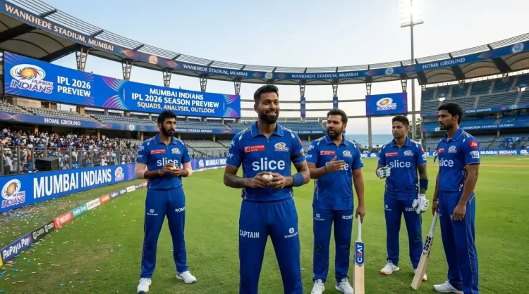 Mumbai Indians IPL 2026 Season Preview at Wankhede Stadium, Mumbai, featuring captain Hardik Pandya standing at the center holding a cricket ball with teammates including Jasprit Bumrah, Rohit Sharma, Suryakumar Yadav, and Tilak Varma in MI's blue jerseys on the ground, with the stadium scoreboard displaying "Mumbai Indians IPL 2026 Season Preview — Squads, Analysis, Outlook.