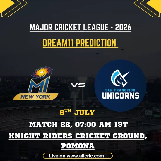 MINY vs SFU Dream11 prediction today match graphic for MLC 2026 Match 22 featuring MI New York vs San Francisco Unicorns at Knight Riders Cricket Ground, Pomona, with Dream11 fantasy tips, team prediction, captain and vice-captain picks.