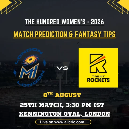 ML-W vs TRT-W Dream11 prediction today match graphic for The Hundred Women’s 2026, featuring MI London and Trent Rockets logos for Match 25 at Kennington Oval, London.
