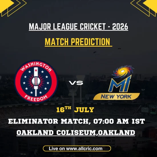 WF vs MINY today match prediction graphic for the MLC 2026 Eliminator, featuring Washington Freedom vs MI New York at Oakland Coliseum.