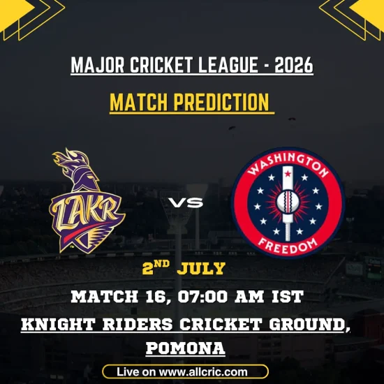 LAKR vs WF today match prediction graphic for Major League Cricket 2026 Match 16 at Knight Riders Cricket Ground, Pomona, featuring Los Angeles Knight Riders vs Washington Freedom with expert match prediction, win prediction, and venue details.