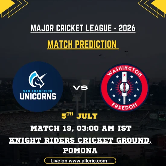 SFU vs WF today match prediction for Major League Cricket 2026 Match 19 at Knight Riders Cricket Ground, Pomona, featuring San Francisco Unicorns vs Washington Freedom with toss prediction, pitch report, probable playing XI, key players, and SFU vs WF win prediction.