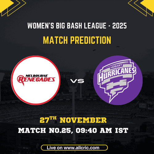 A WBBL 2025 match prediction graphic featuring Melbourne Renegades Women vs Perth Scorchers Women for Match 25. The image displays both team logos, match date 27th November, and timing 09:40 AM IST with a stadium backdrop. Designed in a bold yellow-black theme, promoting wbbl today match prediction, mr w vs ps w dream11 prediction, mr w vs ps w prediction, and mr w vs ps w today match prediction insights.