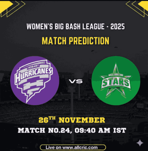 Updated Paragraph: A match prediction graphic for the Women’s Big Bash League 2025 featuring Hobart Hurricanes Women versus Melbourne Stars Women. The image displays both team logos, the match date of 26th November, and the 09:40 AM IST start time, with a stadium backdrop and AllCric branding at the bottom. This visual is perfect for MS-W vs HH-W Dream11 prediction, fantasy tips, and today match insights for WBBL 2025.