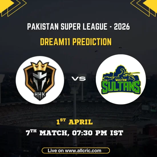 PSL 2026 Dream11 prediction match card for Hyderabad Kingsmen vs Multan Sultans, 7th Match. The Hyderabad Kingsmen armoured knight shield logo with HHK initials and Multan Sultans green and black horseman crest displayed in circular frames on either side of a "VS" marker against a dark stadium backdrop. Match details read: 7th Match, 1st April, 07:30 PM IST. Website URL allcric.com shown at the bottom.