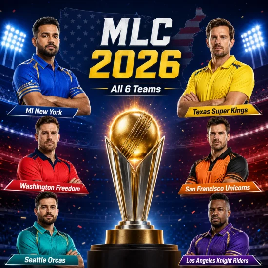 MLC 2026 all six teams infographic featuring MI New York, Texas Super Kings, Washington Freedom, San Francisco Unicorns, Seattle Orcas, and Los Angeles Knight Riders around the Major League Cricket trophy, highlighting the complete Major League Cricket 2026 franchises.
